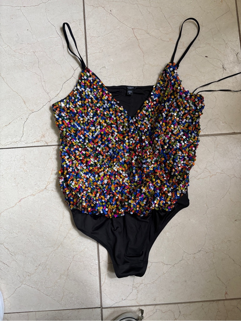Guess Party Sequin One-Piece Bodysuit - Black with Multicolor Sequins
